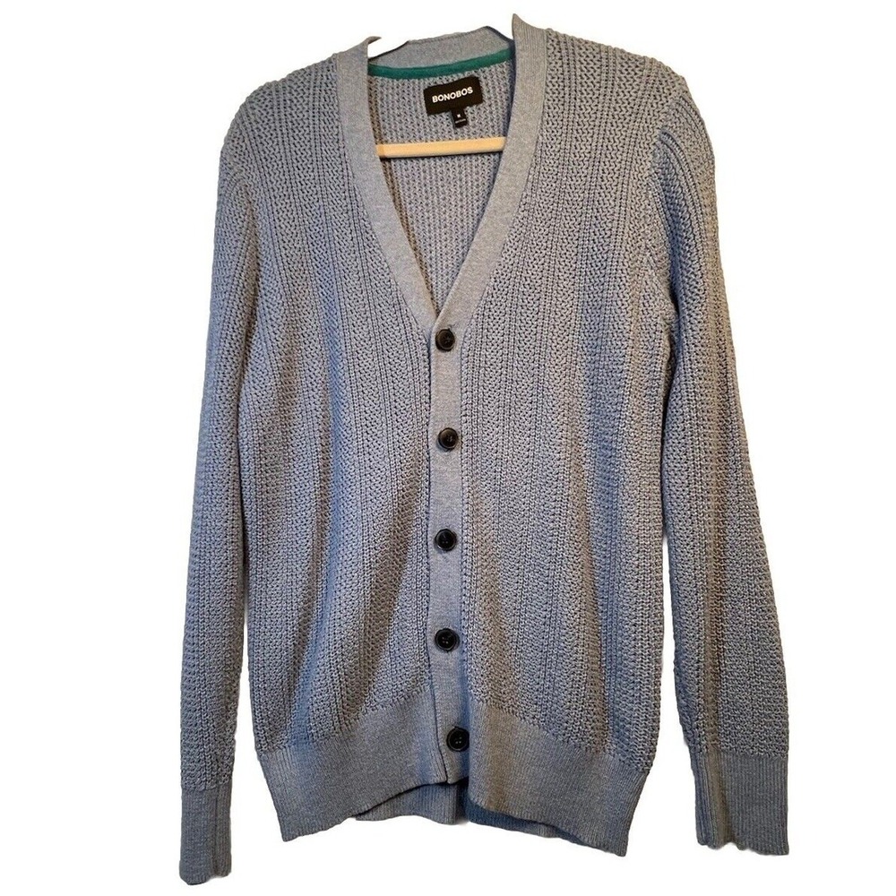 Bonobos Mens Cardigan Sweater V-Neck Waffle Knit Medium Blue Button Front Layer